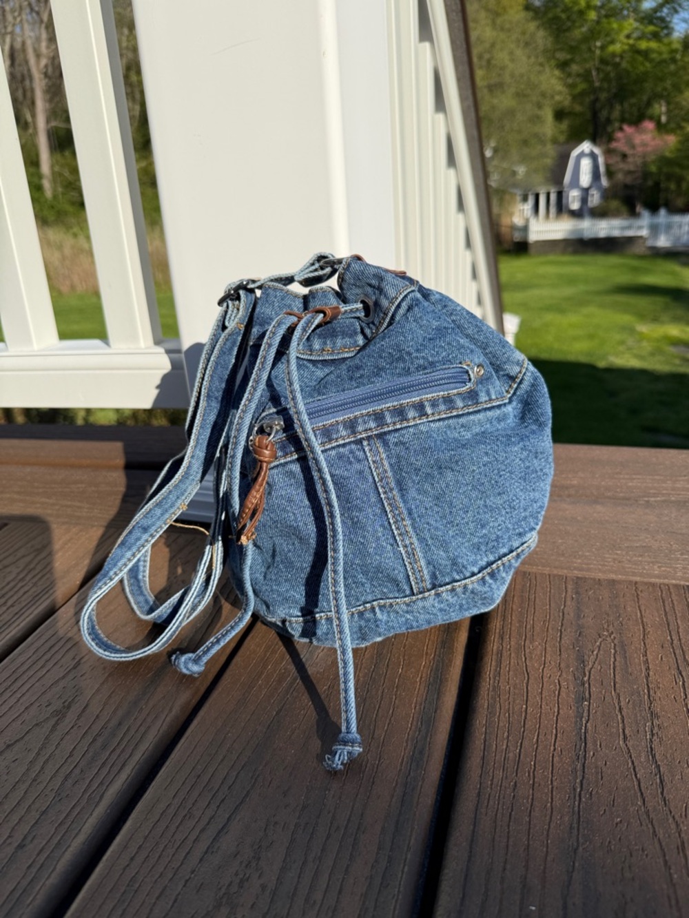 Denim Drawstring Bucket Bag - Blue